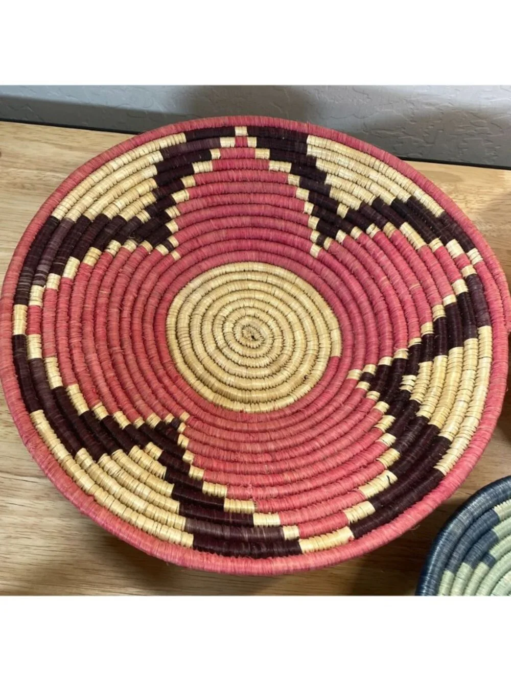 Set of 3 East African Colorful Coiled Baskets Bowls Structured Wall Art